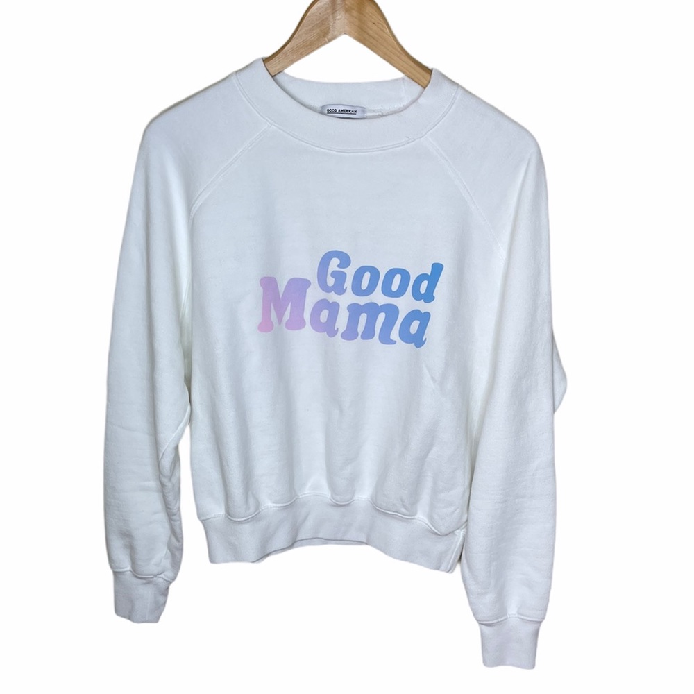 Good American White 'Good Mama' Crewneck Sweatshirt with Pastel Blue & Pink Logo
